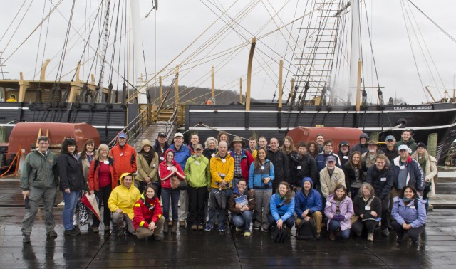 Half of the 38th Voyagers pose in front of the CHARLES W. MORGAN during their orientation day at Mystic Seaport on April 26, 2014.