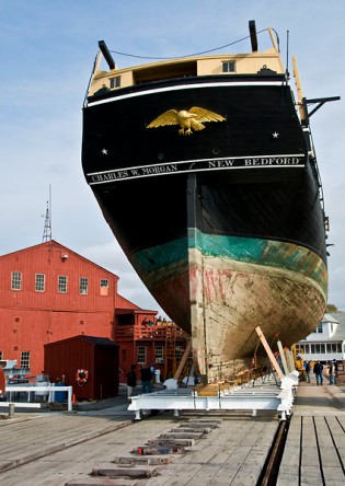 The<em> Charles W. Morgan</em> in the Henry B. duPont Preservation Shipyard after she was hauled out of the Mystic River in November, 2008.