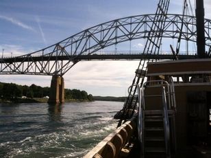 Mayflower II at the Sagamore Bridge in Cape Cod Canal on August 7, 2013. Photo: Cape Cod Times/George Brennan
