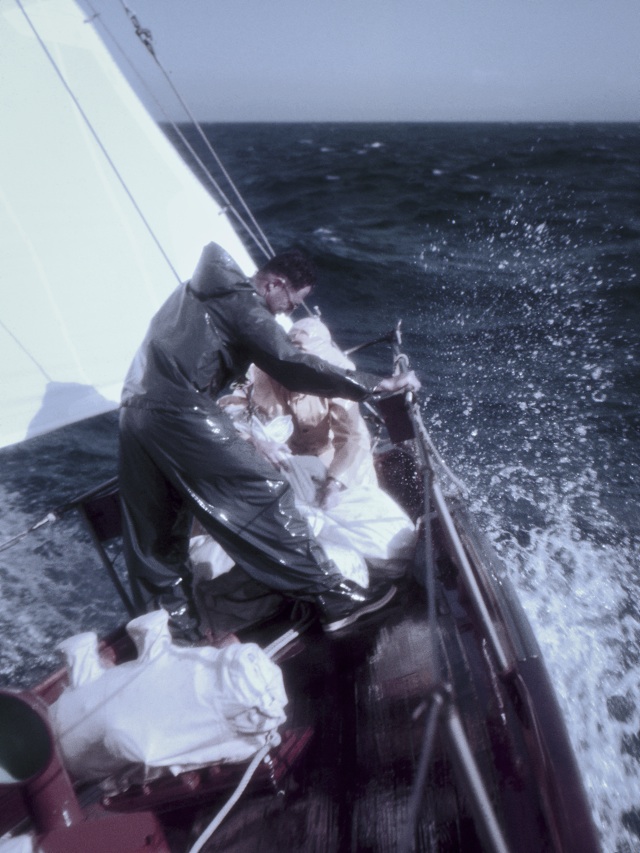Working the foredeck on the way to Bermuda, 1954